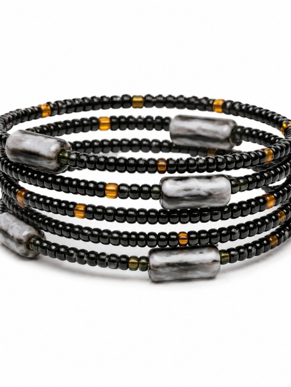 Handmade Black Seed Bead Memory Wire Wrap Bracelet Gothic Boho Y2K Statement